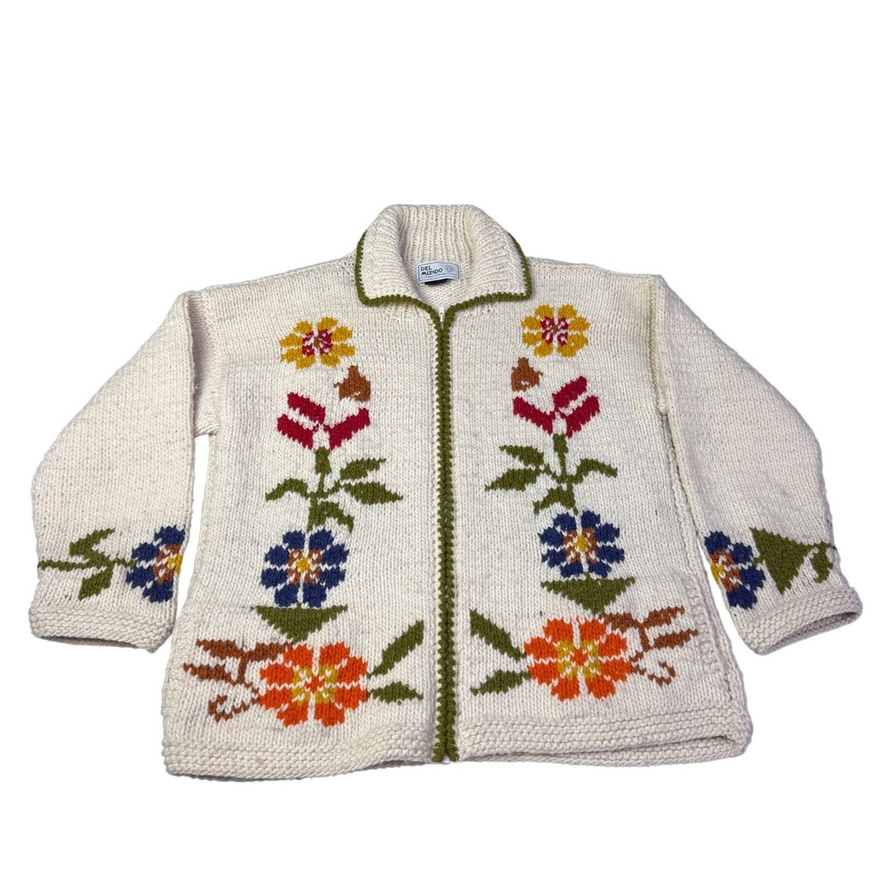 Del Mundo Hand Knit Wool Floral Cardigan Sweater Full Zip Cream‎ Chunky Mens XL